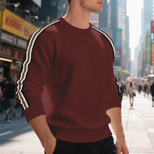 Herren Waffelstrick-Pullover mit kontrastierenden Ärmelstreifen und Rundhalsausschnitt Shop Nory