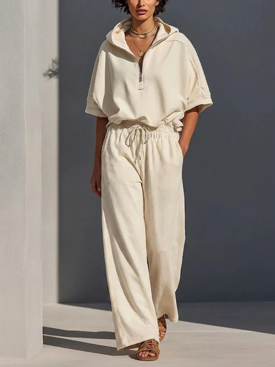 Damen Lässiges Lounge-Set mit Kapuzenpullover mit halbem Reißverschluss und weiter Palazzohose Shop Nory