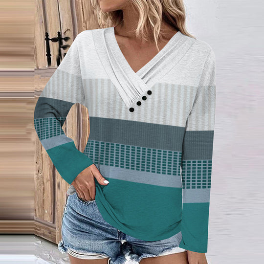 Damen Gerippter V-Ausschnitt Pullover mit Farbverlauf, Zierknöpfen und legerer Passform Shop Nory