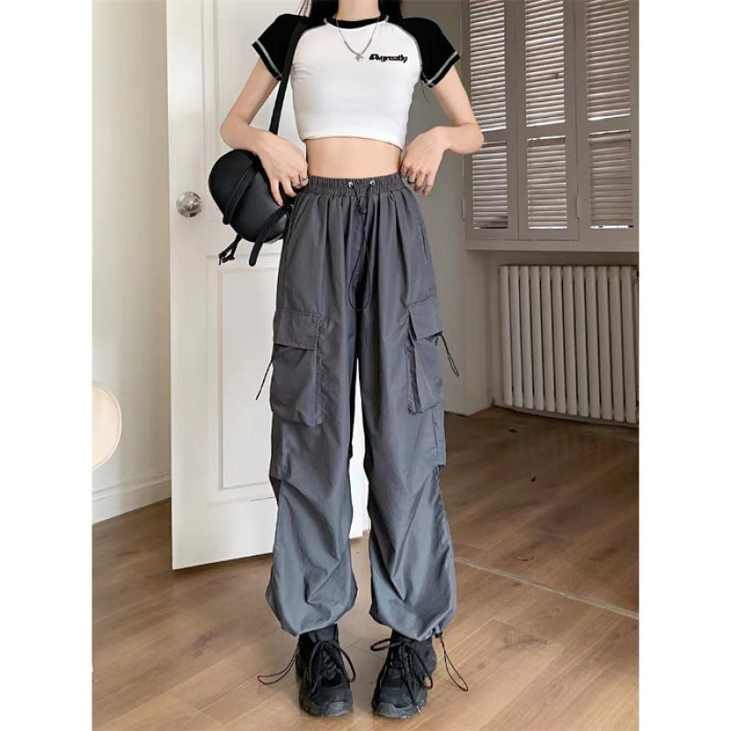 Damen nan Cargo-Hose mit hoher Taille, Elastikbund, großen Klappentaschen und Kordelzug Shop Nory