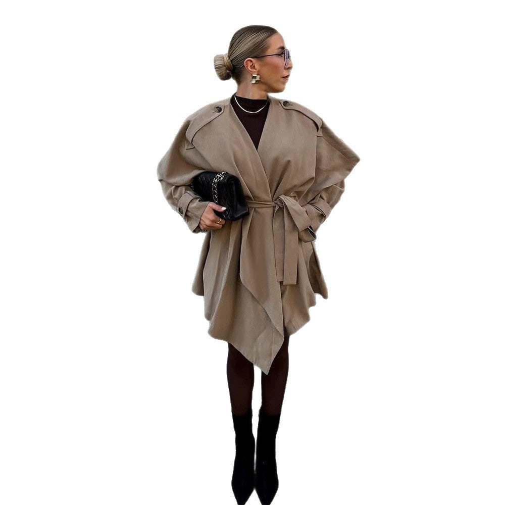 Damen Kurzer Asymmetrischer Wickelmantel mit Volant-Overlay und Bindegürtel Shop Nory
