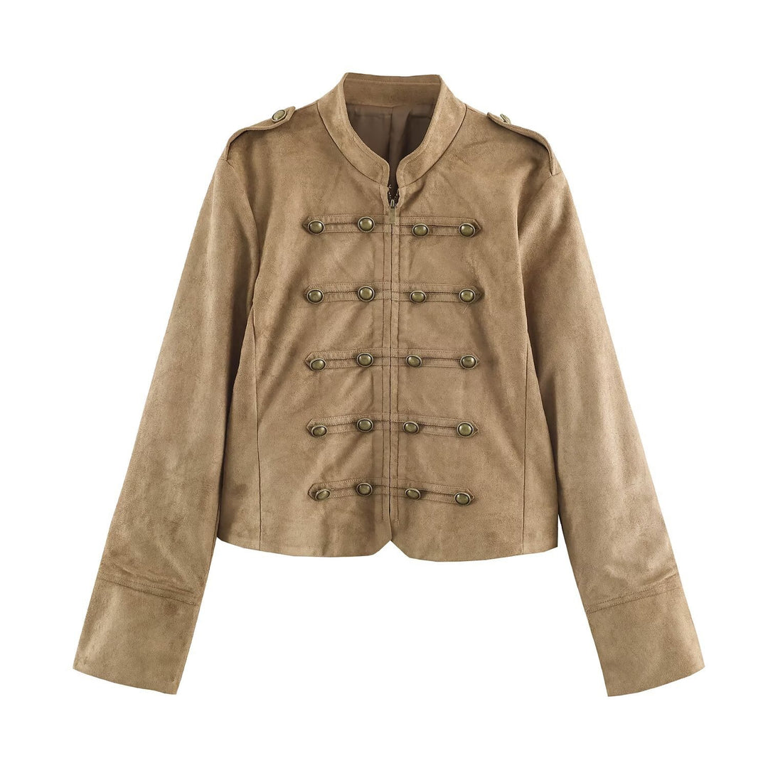 Damen kurz geschnittene Kavallerie-Jacke aus Wildlederoptik mit Zierknopfleiste und Schulterpatten Shop Nory