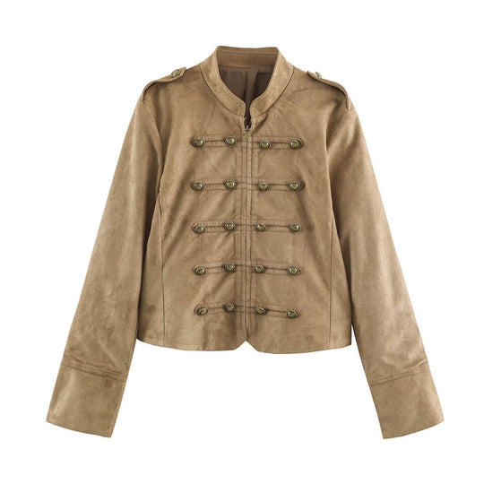 Damen kurz geschnittene Kavallerie-Jacke aus Wildlederoptik mit Zierknopfleiste und Schulterpatten Shop Nory