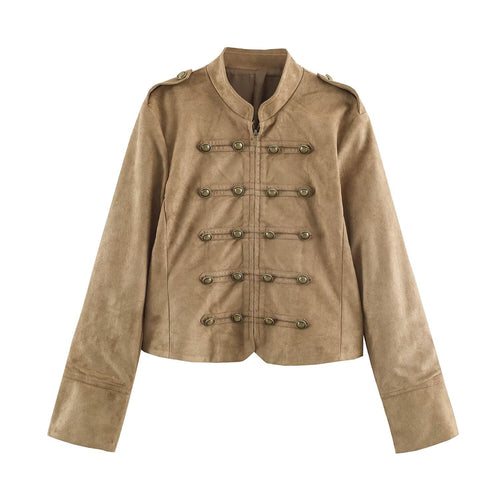 Damen kurz geschnittene Kavallerie-Jacke aus Wildlederoptik mit Zierknopfleiste und Schulterpatten Shop Nory
