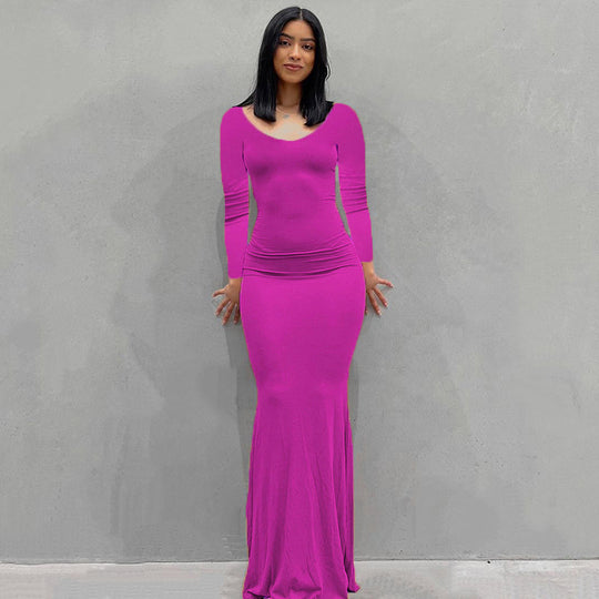 Damen Körperbetontes Maxi‑Jerseykleid mit taillierter Drapierung, langen Ärmeln und ausgestelltem Saum Shop Nory