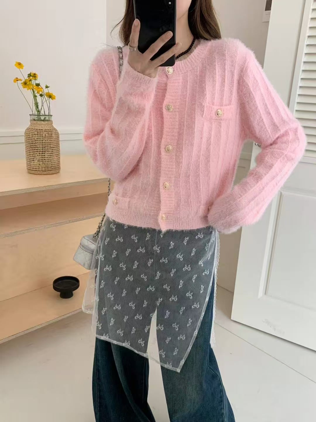 Damen Flauschiger Cardigan mit perligen Knöpfen Shop Nory
