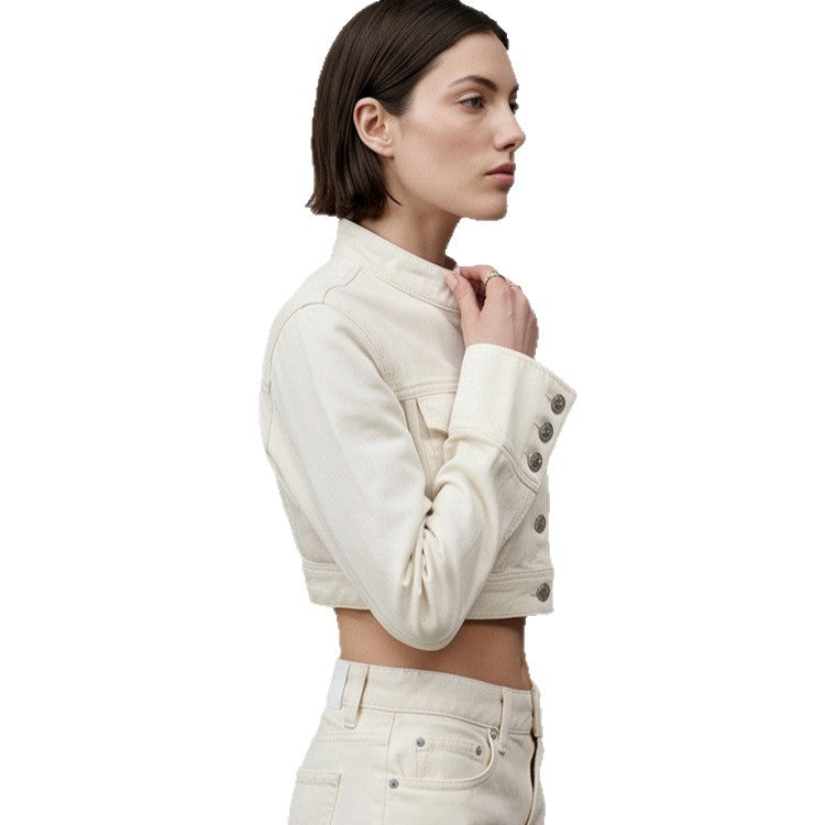 Damen Kurz geschnittene Cropped-Jeansjacke mit Stehkragen, Brustklappen und verlängerten Manschetten Shop Nory