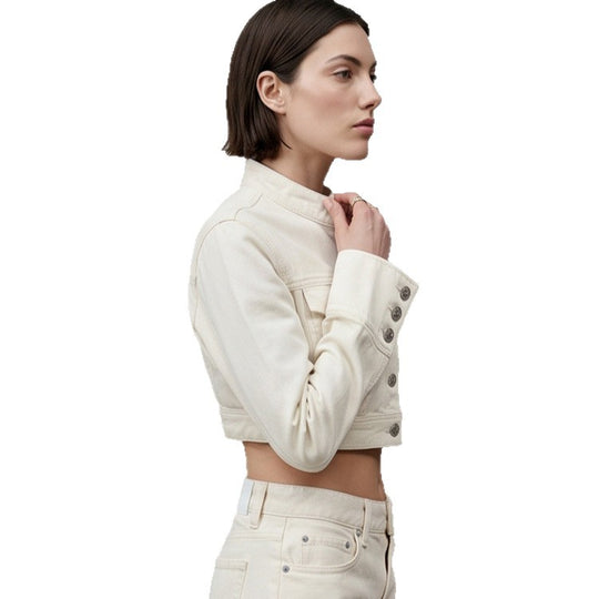 Damen Kurz geschnittene Cropped-Jeansjacke mit Stehkragen, Brustklappen und verlängerten Manschetten Shop Nory