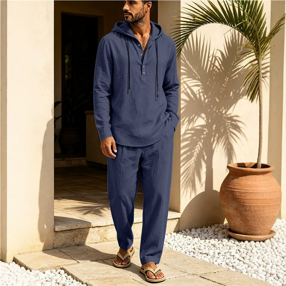 Herren Lässiges Leinen-Look Freizeit-Set mit Kapuzenhemd und weiten Hosen Shop Nory