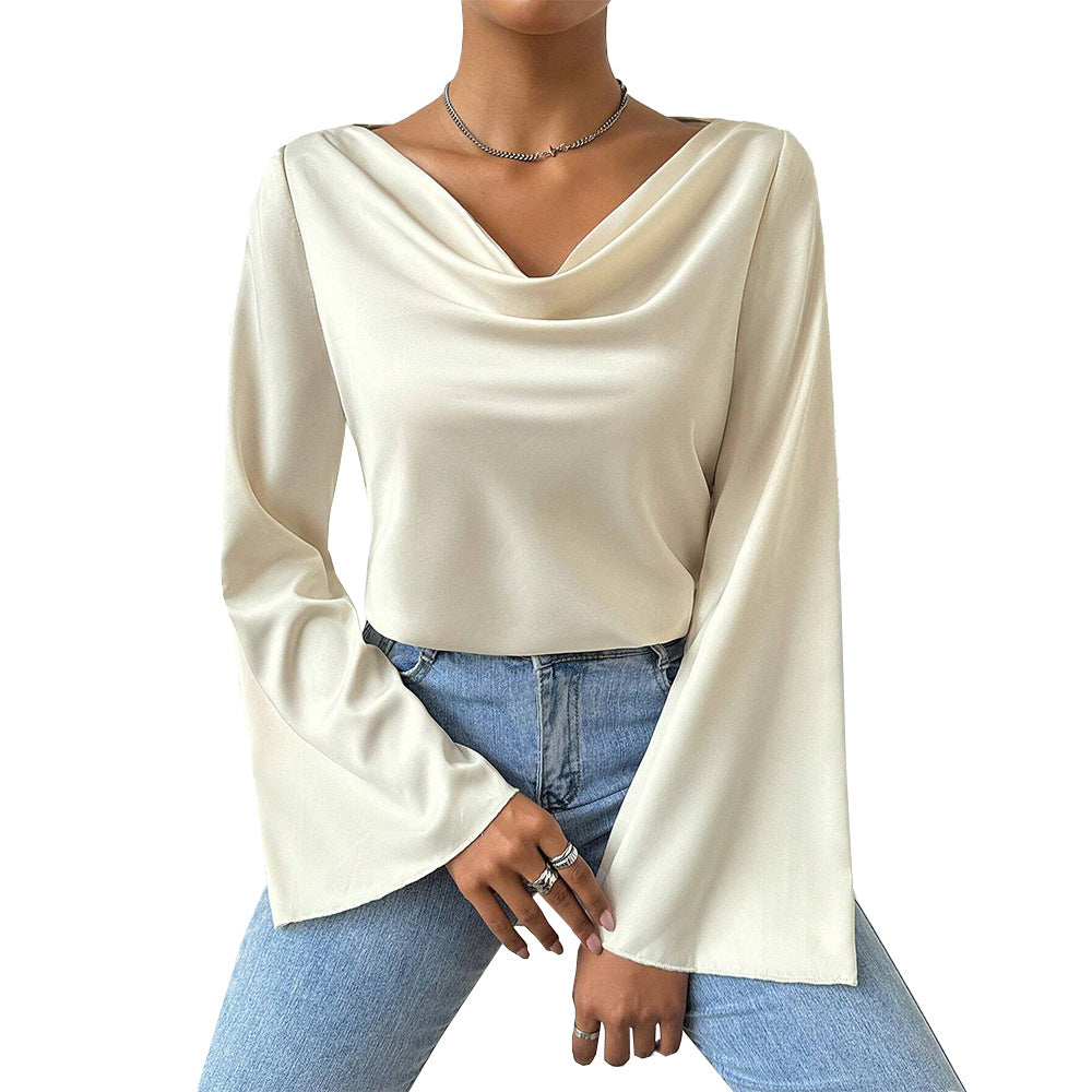 Damen Bluse mit Wasserfallkragen, weiten Trompetenärmeln und fließender Satinoptik Shop Nory
