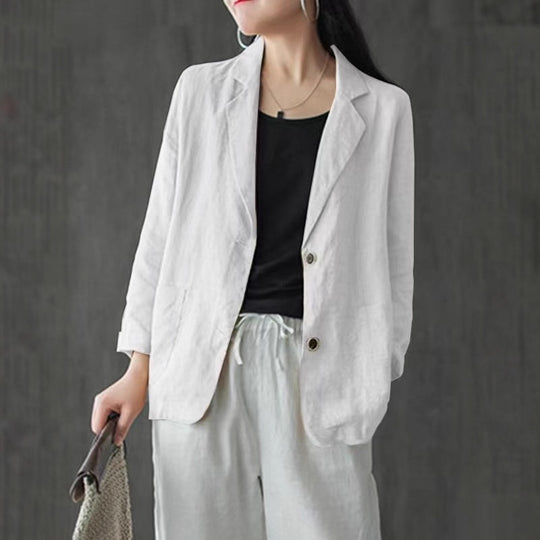 Damen Leinenblazer im lässigen Stil mit lockerer Passform und aufgesetzten Taschen Shop Nory