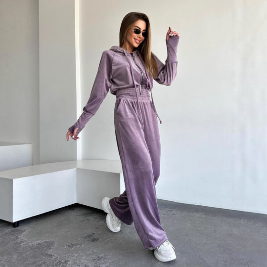 Damen Velours-Lounge-Set mit Cropped Kapuzenjacke und High-Waist weitem Bein Shop Nory