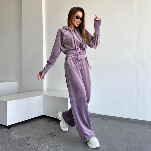 Damen Velours-Lounge-Set mit Cropped Kapuzenjacke und High-Waist weitem Bein Shop Nory