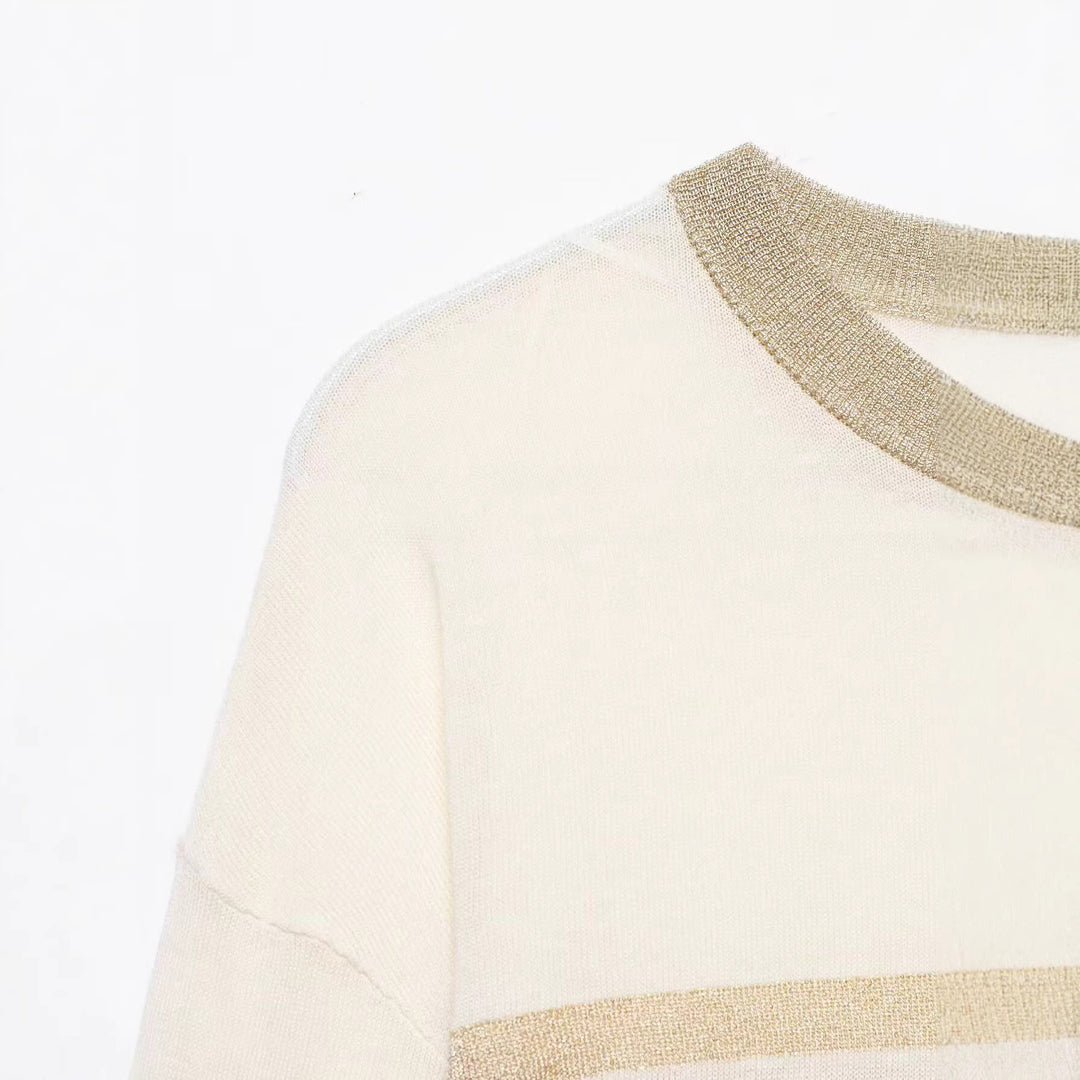 Damen Leichter gestreifter Feinstrickpullover mit metallischem Lurex‑Streifen und Rundhals Shop Nory