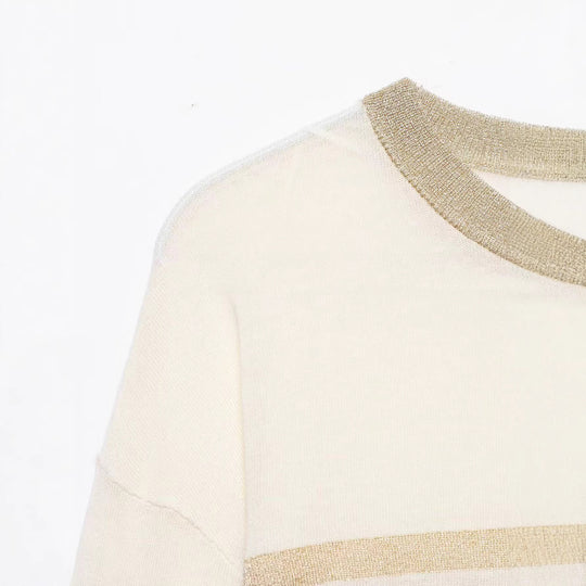 Damen Leichter gestreifter Feinstrickpullover mit metallischem Lurex‑Streifen und Rundhals Shop Nory