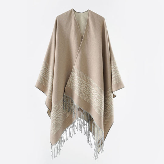 Damen Reversibler Wollmix‑Überwurf im Kimono‑Fall mit ornamentaler Bordüre und Zierfransen Shop Nory