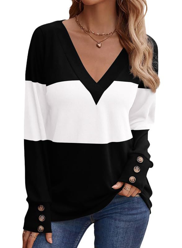 Damen Feinstrick-Pullover mit V‑Ausschnitt, Colorblock und Zierknopf‑Manschetten Shop Nory