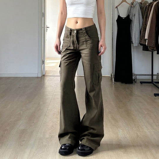 Damen nan Cargo-Flared-Hose mit hochgeschnittener Taille, aufgesetzten Beintaschen und ausgestelltem Bein Shop Nory