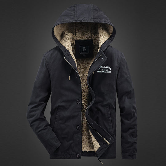 Herren Canvas-Kapuzenjacke mit Sherpa‑Fütterung, verdecktem Zweiwege‑Reißverschluss und Utility‑Details Shop Nory