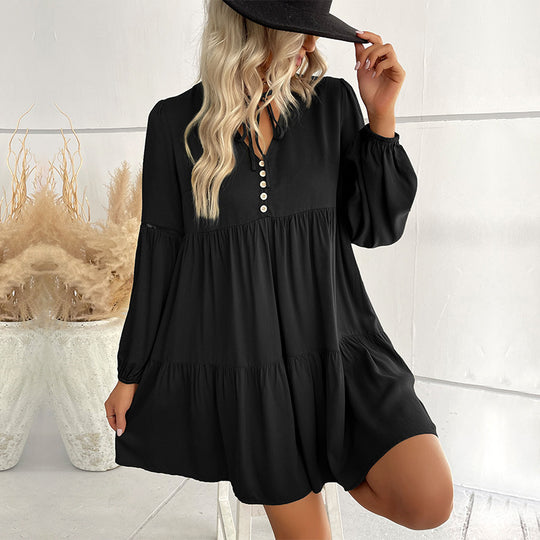 Damen Weiches Stufen-Minikleid mit V-Ausschnitt, Knopfleiste und Ballonärmeln Shop Nory