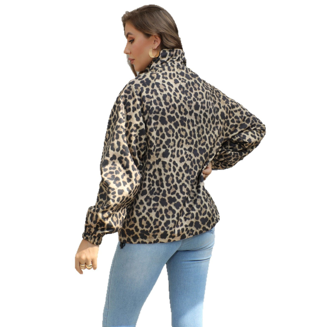Damen Leopard-Print Bomberjacke mit Stehkragen, Reißverschluss und Gummizug Shop Nory