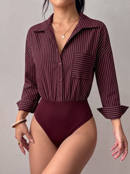 Damen Hemd-Body mit taillierter Passform, Kentkragen und feinem Streifenmuster Shop Nory