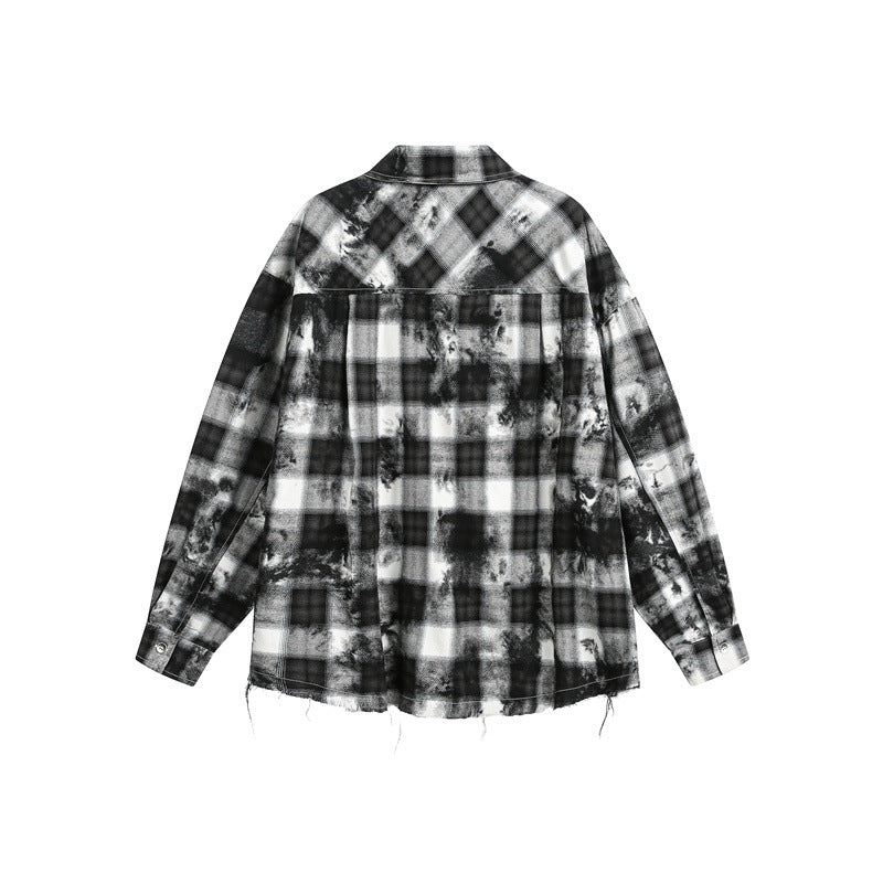 Herren Oversize-Karo-Hemdjacke mit ausgefranstem Saum und Brust-Reißverschlusstasche Shop Nory