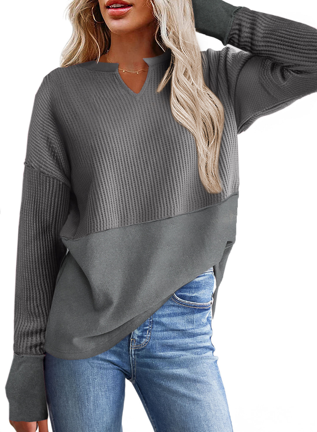 Damen Oversize-Pullover mit Waffle-Struktur, V-Notch und überschnittener Schulter Shop Nory
