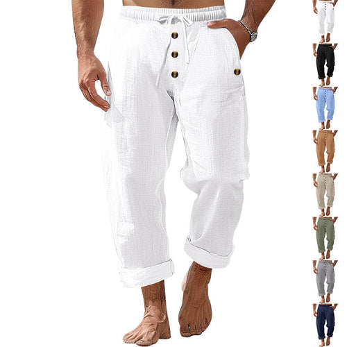 Herren nan lockere Leinen-Baumwoll-Hose mit elastischem Bund, Kordelzug und aufgekrempeltem Saum
