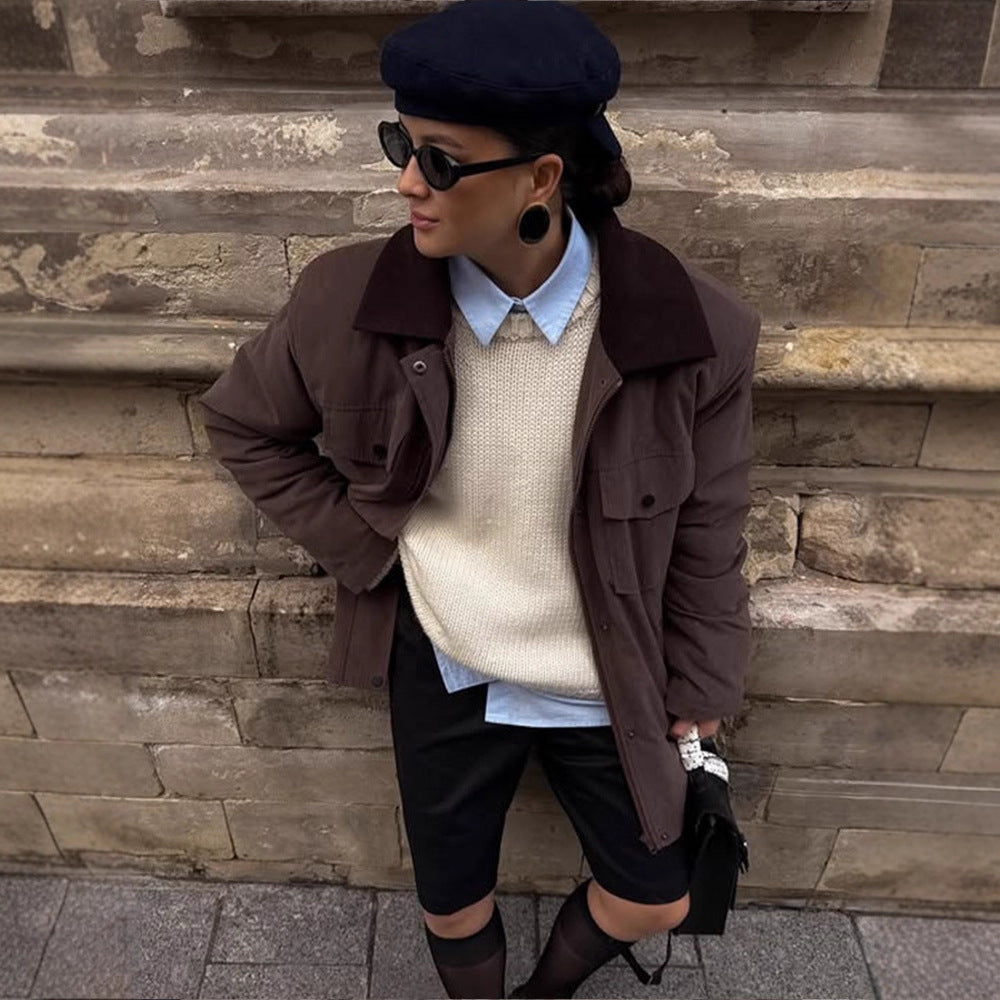Damen Boxy-Utility-Kurzmantel mit kontrastkragen und aufgesetzten Pattentaschen Shop Nory