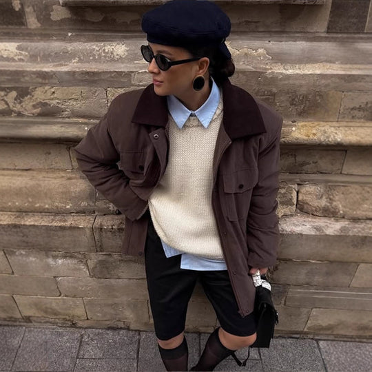 Damen Boxy-Utility-Kurzmantel mit kontrastkragen und aufgesetzten Pattentaschen Shop Nory