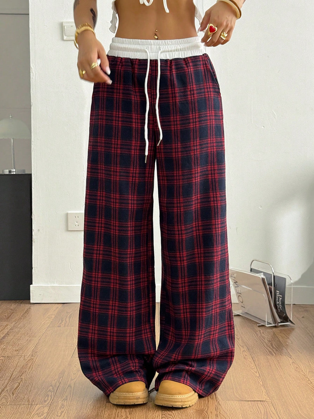 Damen weite karierte Lounge-Hose mit hohem Gummibund und Kordelzug Shop Nory