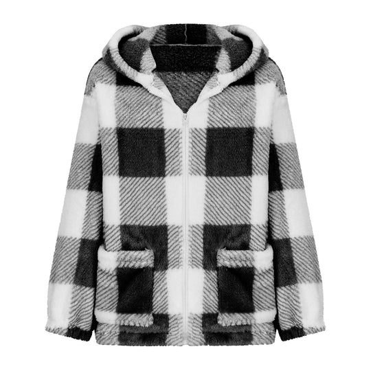 Damen nan dicke Karo-Teddyjacke mit Kapuze, Frontreißverschluss und aufgesetzten Taschen Shop Nory