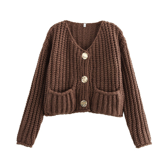 Damen Kurzcardigan im Rippen-Grobstrick mit aufgesetzten Taschen und Statementknöpfen Shop Nory