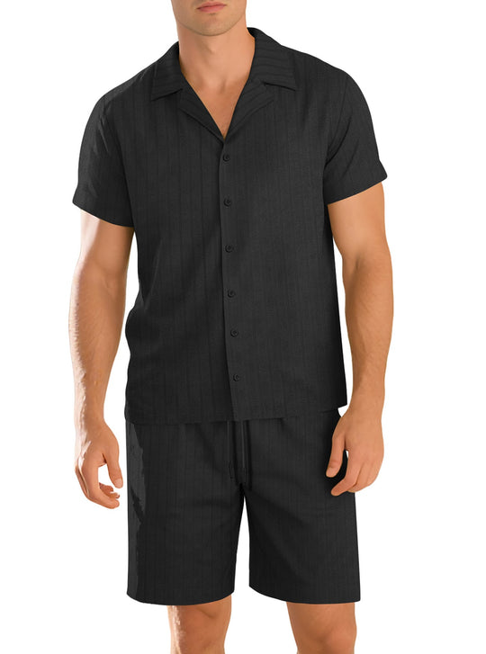 Herren nan Rippenstrick Lounge-Set mit Reverskragen Kurzarmhemd und Komfort-Bermuda Shopnory