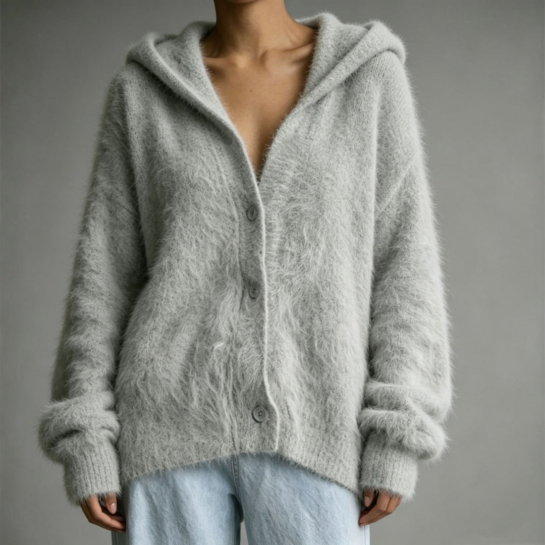 Damen Flauschiger Kapuzen-Cardigan im Mohair-Look mit Knopfleiste Shop Nory