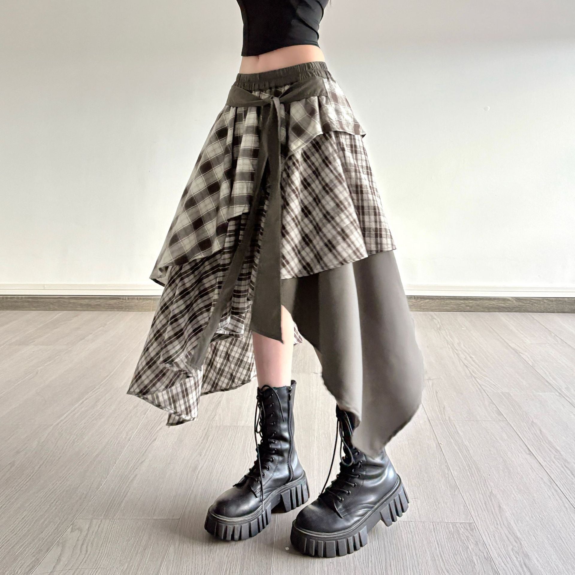 Damen asymmetrischer Wickelrock mit Karomuster und breitem Bindegürtel