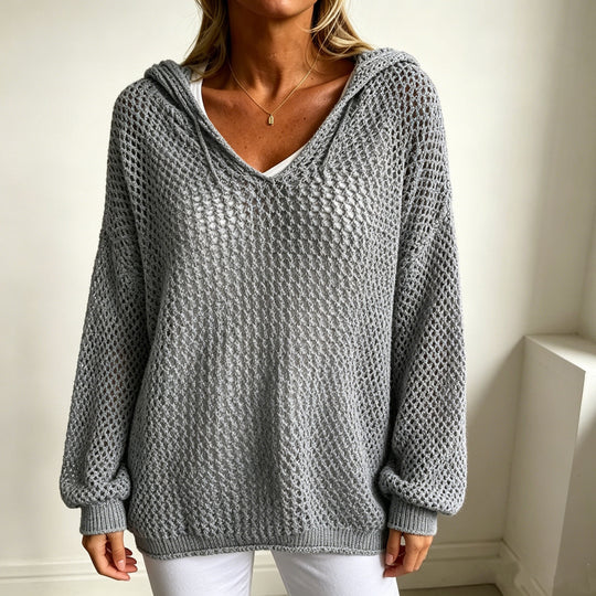 Damen Grobgestrickter V-Ausschnitt-Pullover mit Kapuze und Lochmuster Shop Nory
