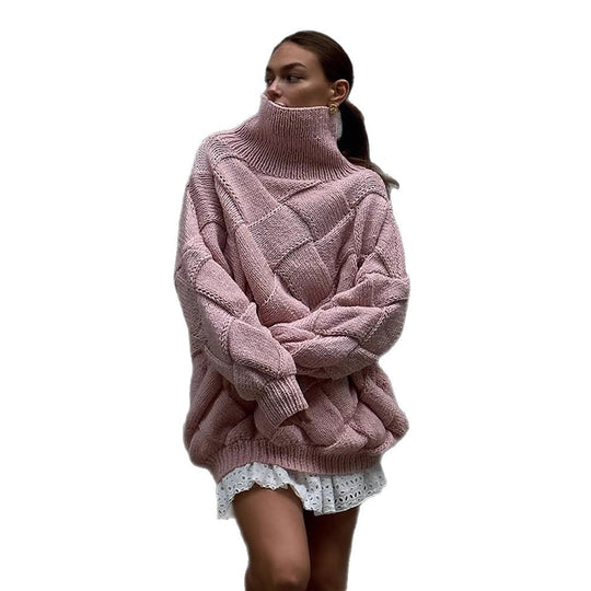 Damen Oversize Strickpullover mit Rollkragen, Zopfmuster und voluminösen Ballonärmeln Shop Nory