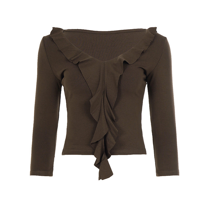 Damen nan tailliertes Langarmshirt mit tiefem V-Ausschnitt und eingesetzter Volant-Rüsche Shop Nory