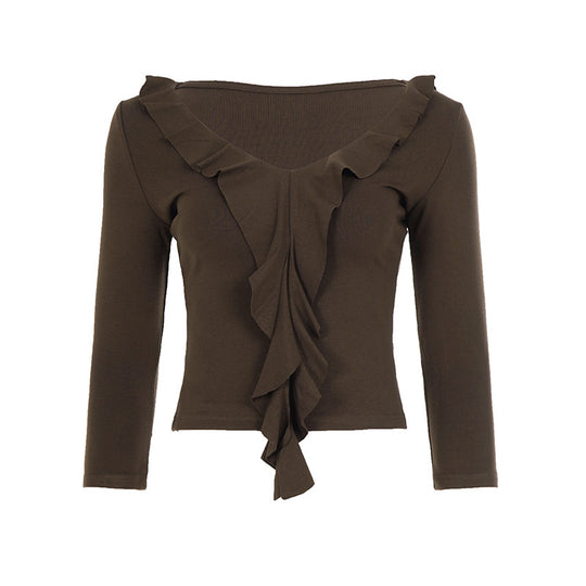 Damen nan tailliertes Langarmshirt mit tiefem V-Ausschnitt und eingesetzter Volant-Rüsche Shop Nory