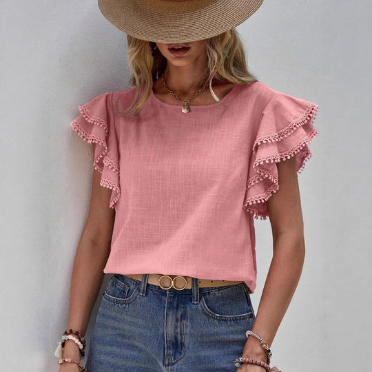 Damen Bluse mit Volantärmeln und Pompon-Spitzenbesatz Shop Nory