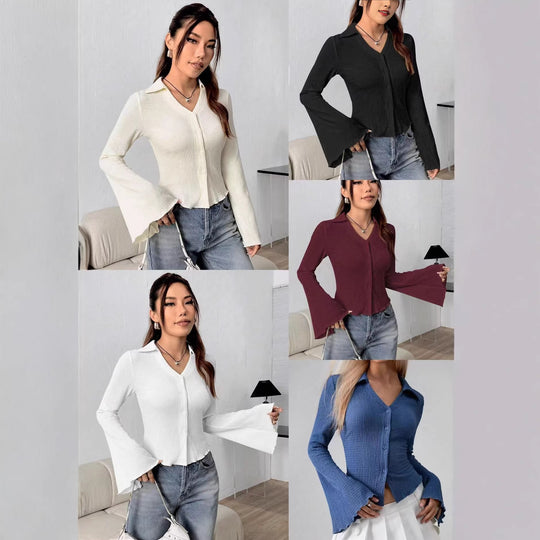 Damen Figurbetonter Rippstrick-Cardigan mit Hemdkragen und ausgestellten Trompetenärmeln Shop Nory