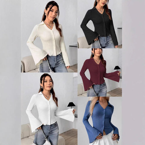 Damen Figurbetonter Rippstrick-Cardigan mit Hemdkragen und ausgestellten Trompetenärmeln Shop Nory