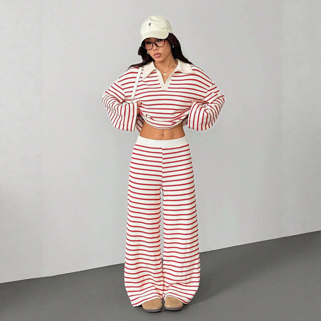 Damen Gestreiftes Strick-Set aus Polokrippenpullover und weiten Palazzo-Strickhose Shop Nory