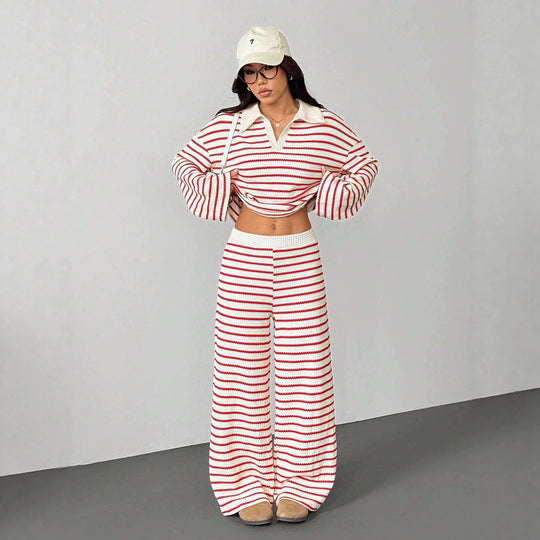 Damen Gestreiftes Strick-Set aus Polokrippenpullover und weiten Palazzo-Strickhose Shop Nory