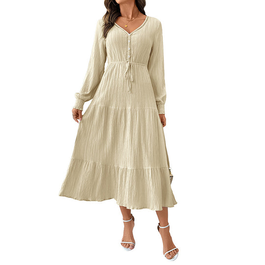 Damen Crinkle-Midikleid mit V-Ausschnitt, Knopfleiste, tailliertem Bindegürtel und Stufenrock Shop Nory
