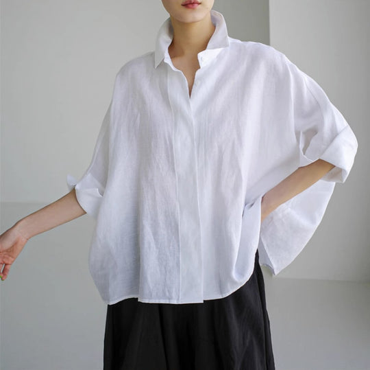 Damen Weite Boxy-Leinenbluse mit verdeckter Knopfleiste, Stehkragen und krempelbaren Ärmeln Shop Nory