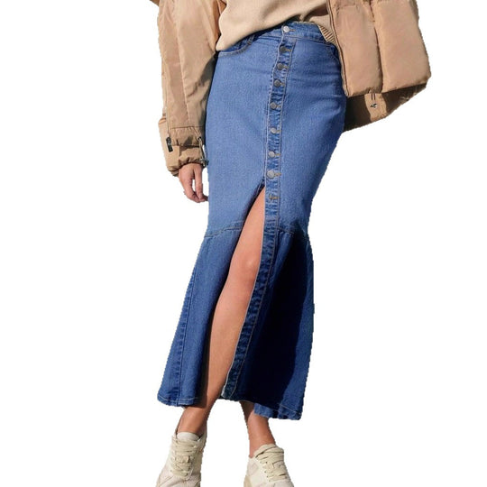 Damen Hochtaillierter Maxi-Jeansrock mit durchgehender Knopfleiste und hohem Frontschlitz Shop Nory