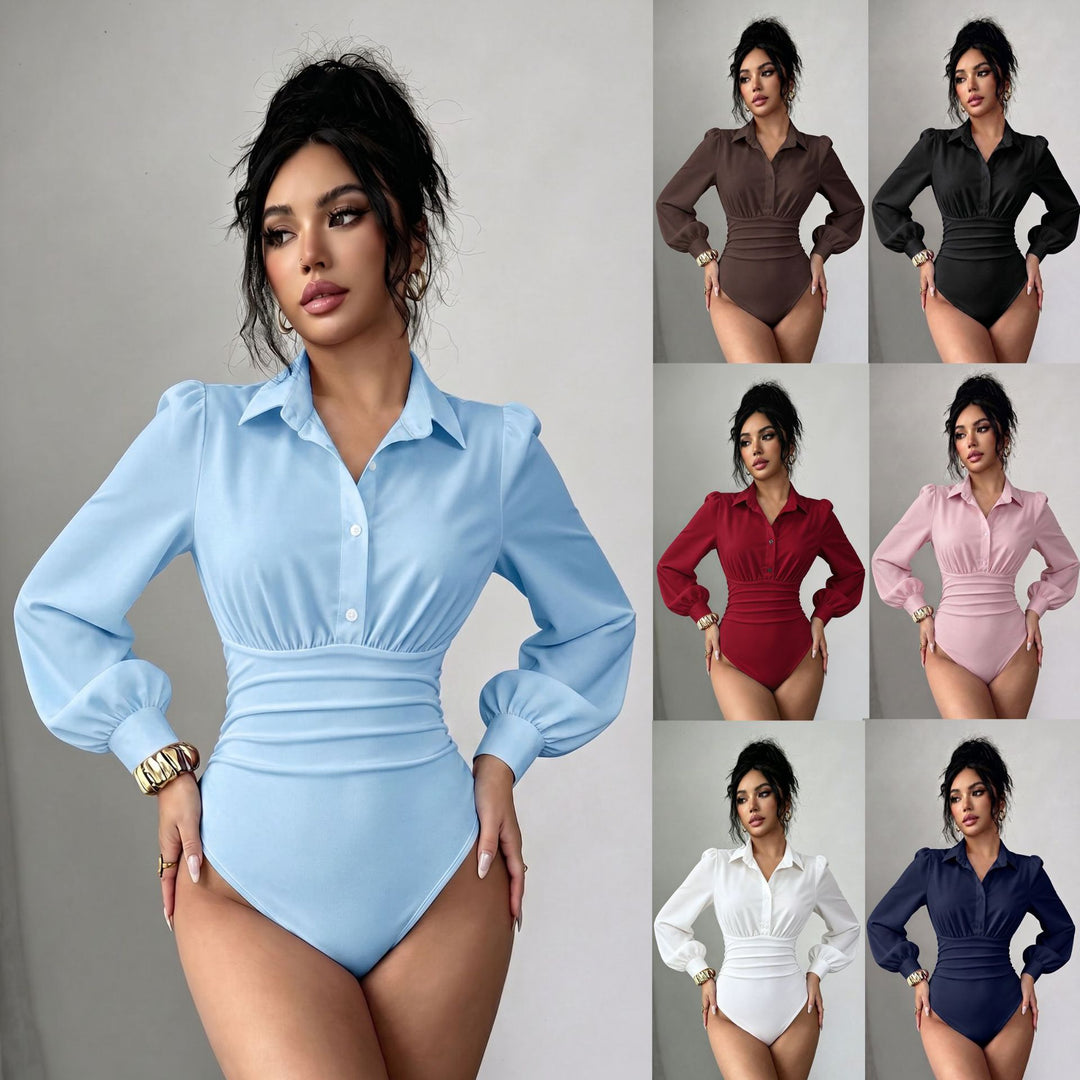 Damen Hemd-Body mit taillierter Raffung und Puffärmeln Shop Nory